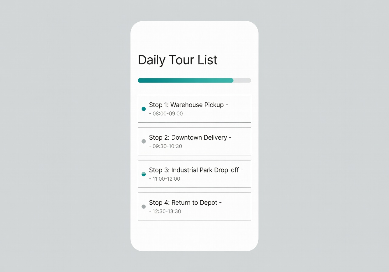 Fahrer-App zeigt die heutige Tour mit Stopps und Zeiten